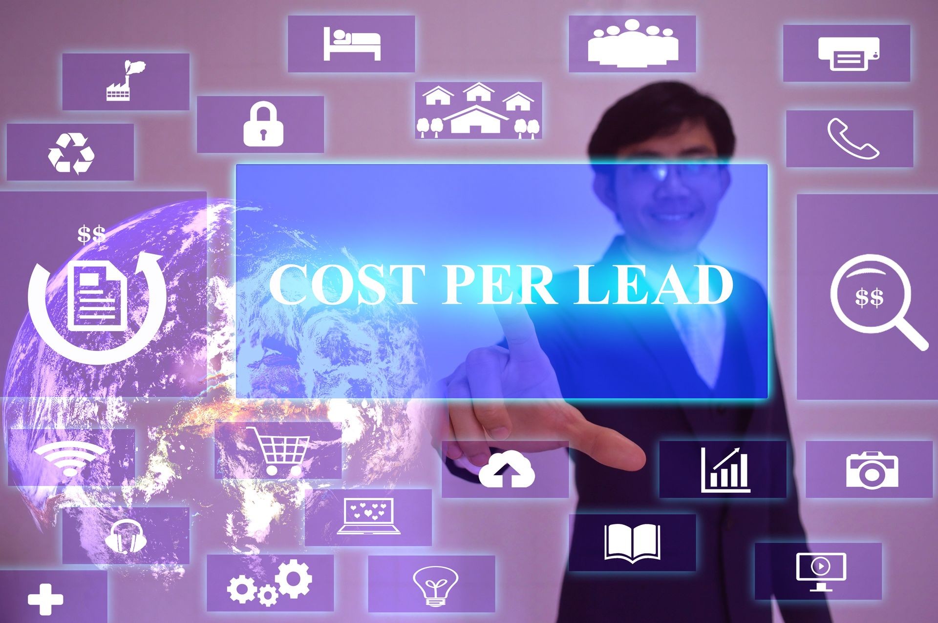 COST PER LEAD concept  presented by  businessman touching on  virtual  screen ,image element furnished by NASA